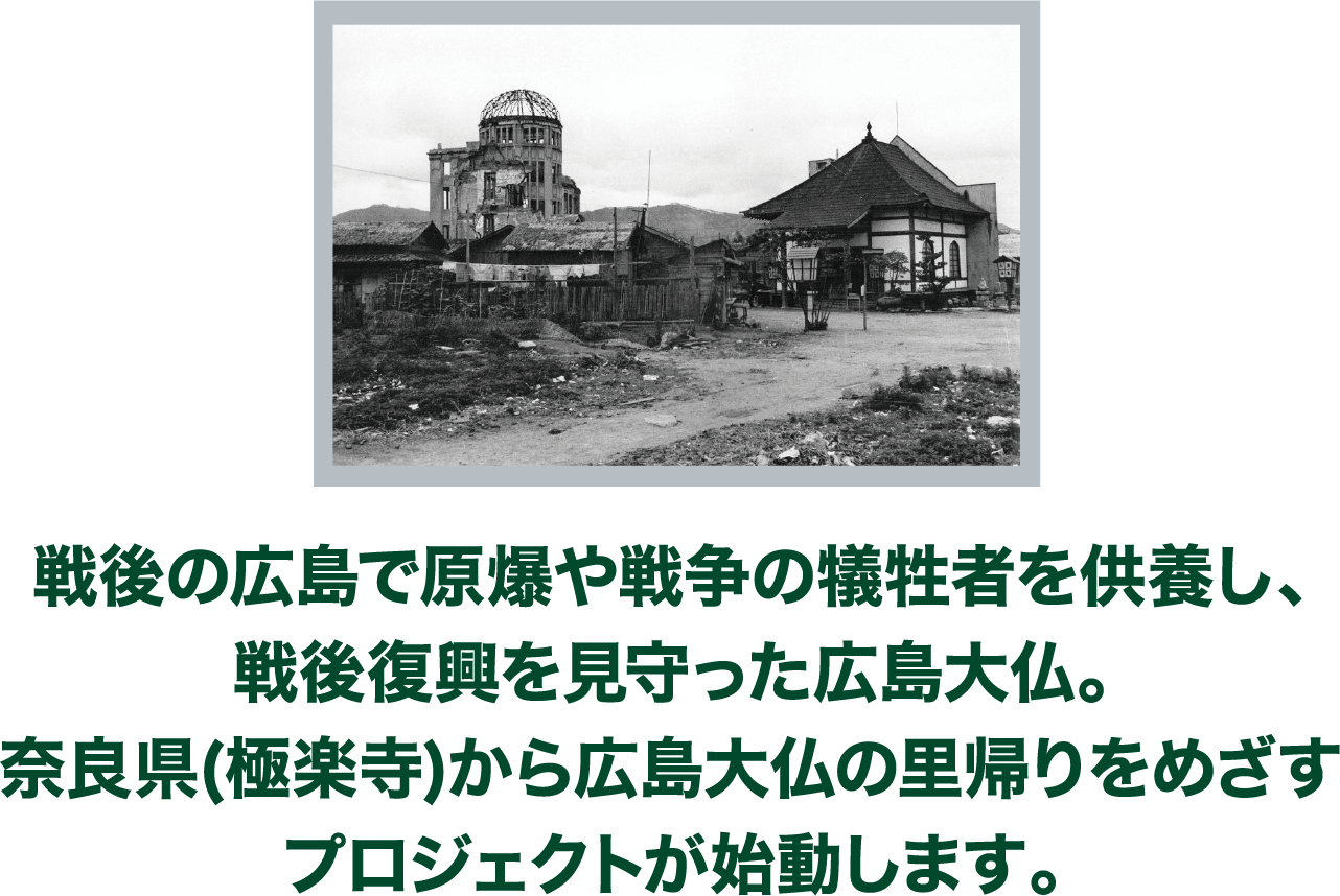 戦後の広島で原爆や戦争の犠牲者を供養し、戦後復興を見守った広島大仏。奈良県(極楽寺)から広島大仏の里帰りをめざすプロジェクトが始動します。